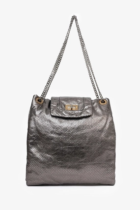 Chanel Grey Metallic Perforated Leather 'Drill' Large Hobo Bag
