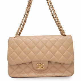 CHANEL Matelasse Double Flap ChainShoulder Bag Beige Caviar Leather