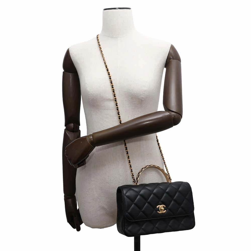 CHANEL Matelasse Top Handle Flap Back 2WAY ChainShoulder BlackAS4233 Lambskin