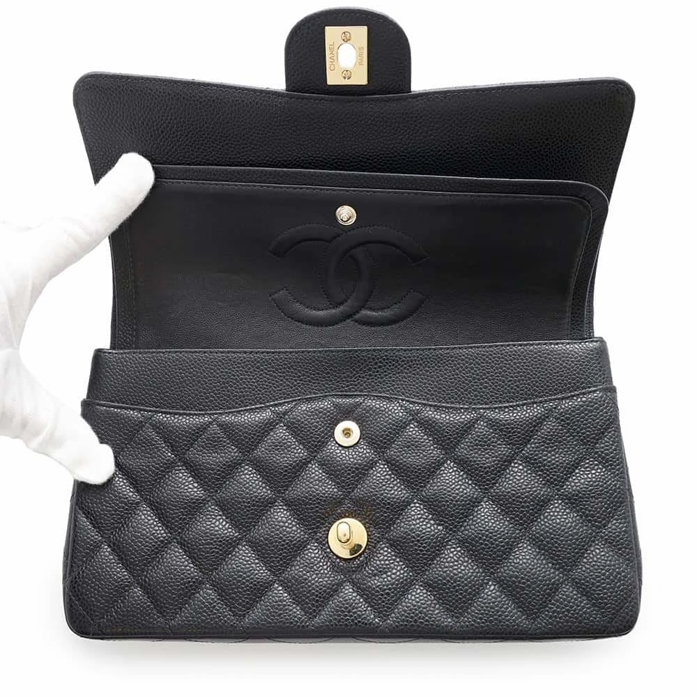 CHANEL Matelasse WChainShoulder Bag BlackA01112 Caviar Leather Size 25