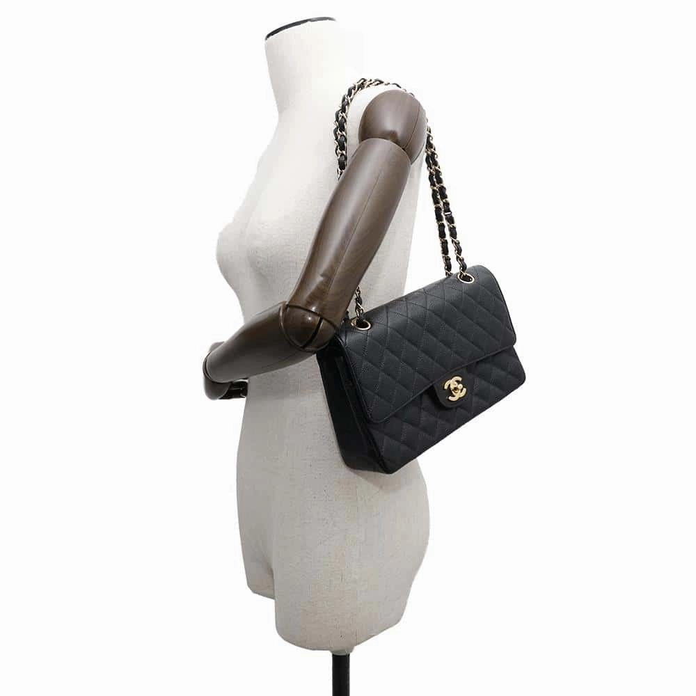 CHANEL Matelasse WChainShoulder Bag BlackA01112 Caviar Leather Size 25