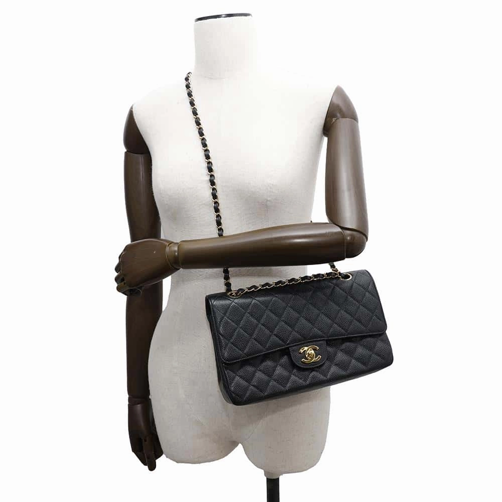 CHANEL Matelasse WChainShoulder Bag BlackA01112 Caviar Leather Size 25