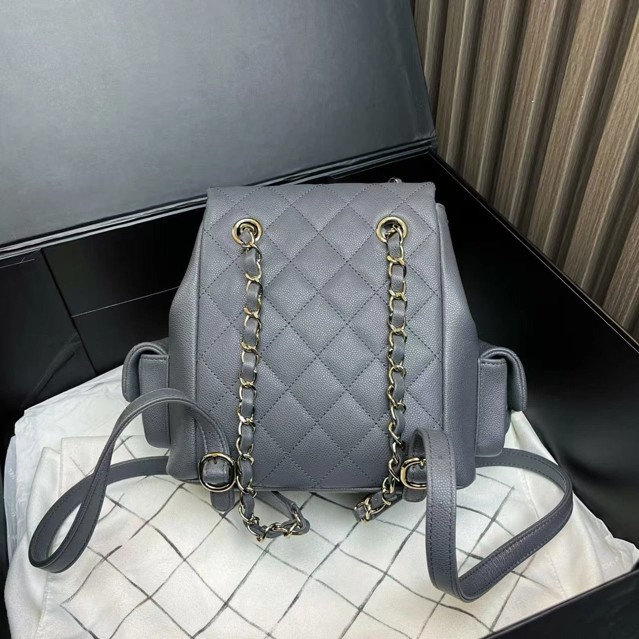 Chanel Quilted Gray Leather Backpack