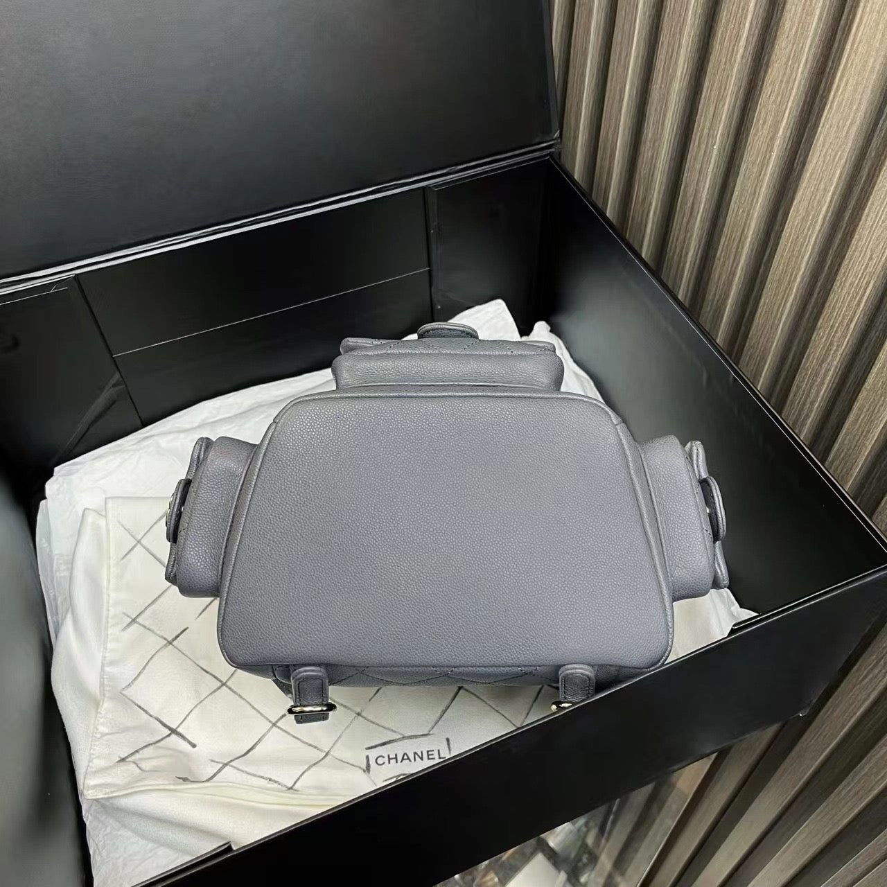 Chanel Quilted Gray Leather Backpack