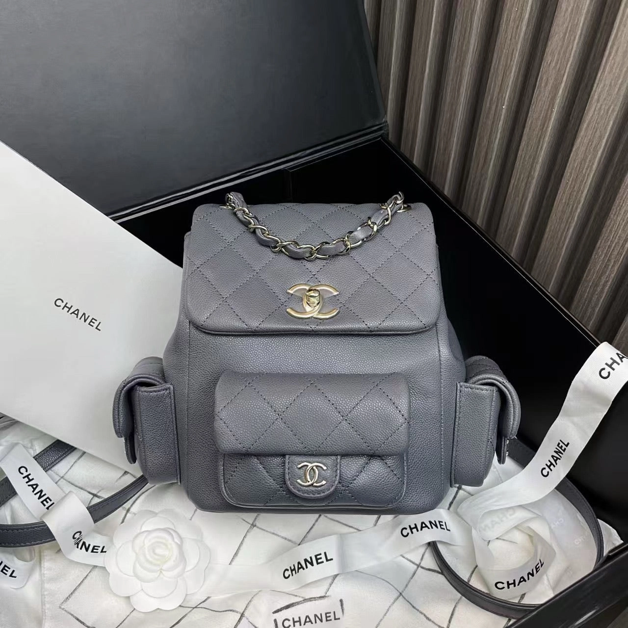Chanel Quilted Gray Leather Backpack