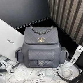 Chanel Quilted Gray Leather Backpack