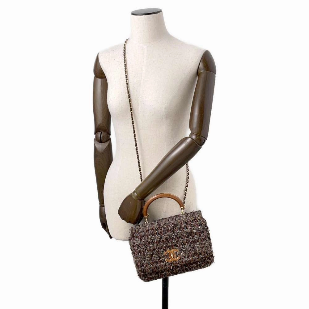 CHANEL top handle chain shoulder bag Brown Tweed Wood Size 23
