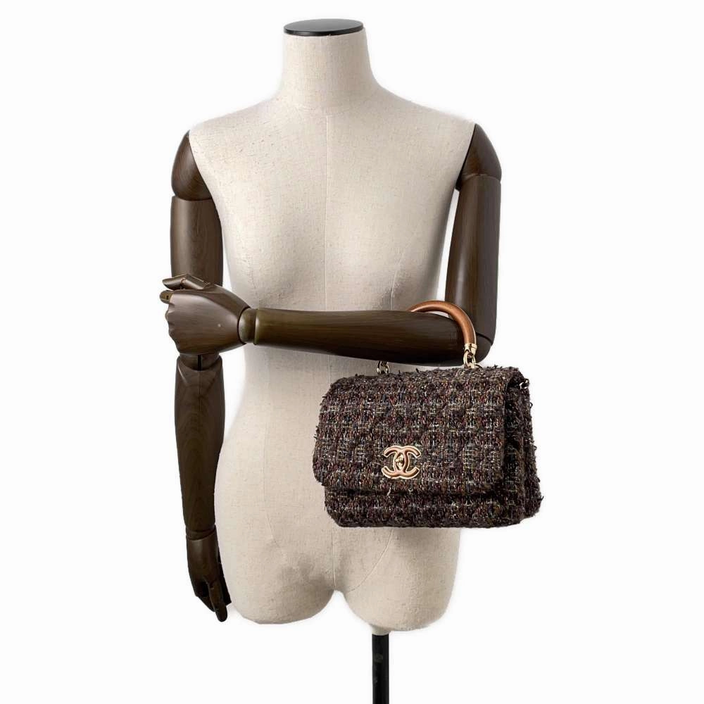 CHANEL top handle chain shoulder bag Brown Tweed Wood Size 23
