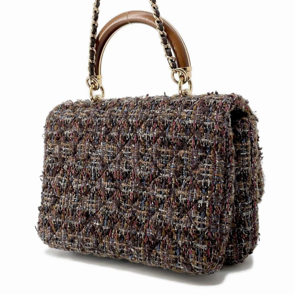 CHANEL top handle chain shoulder bag Brown Tweed Wood Size 23