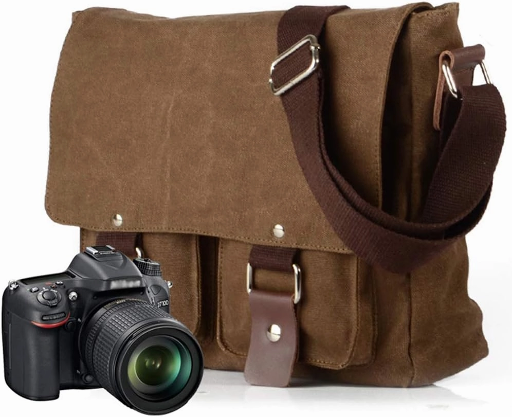 Compatible with/Replacement Vintage Waterproof Canvas Leather Trim DSLR SLR Shockproof Camera Shoulder Messenger Bag (Coffe)