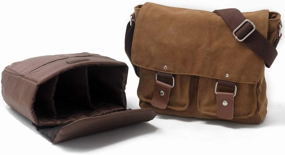 Compatible with/Replacement Vintage Waterproof Canvas Leather Trim DSLR SLR Shockproof Camera Shoulder Messenger Bag (Coffe)