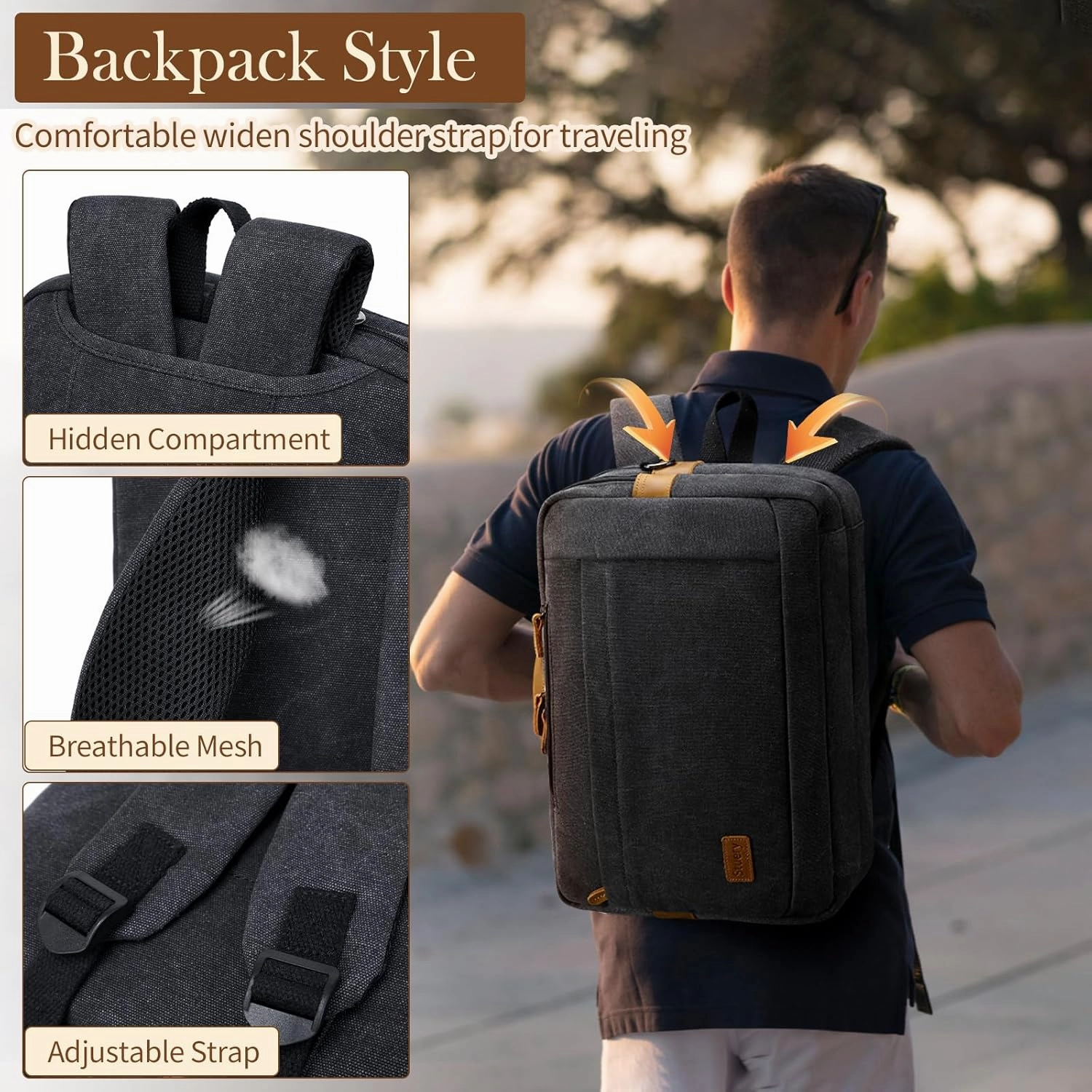 Convertible Backpack for Men 16 17-17.3 Inches Mens Laptop Bag - 3 in1 Computer Handbags Work Bag, Premium Canvas Messenger Bag Crossbody Bag Mens Laptop Backpack | Black