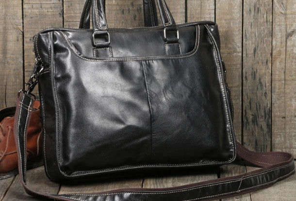 Cool Black Leather mens Briefcases Shoulder Laptop Briefcase Shoulder bag