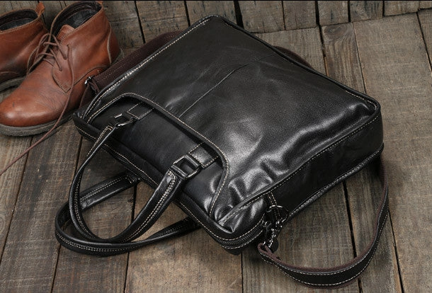 Cool Black Leather mens Briefcases Shoulder Laptop Briefcase Shoulder bag