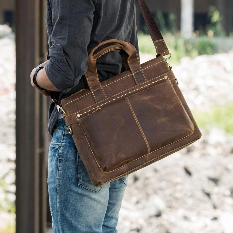 Cool Coffee Leather Mens Briefcases Work Bag Laptop Bag Business Bag for Men