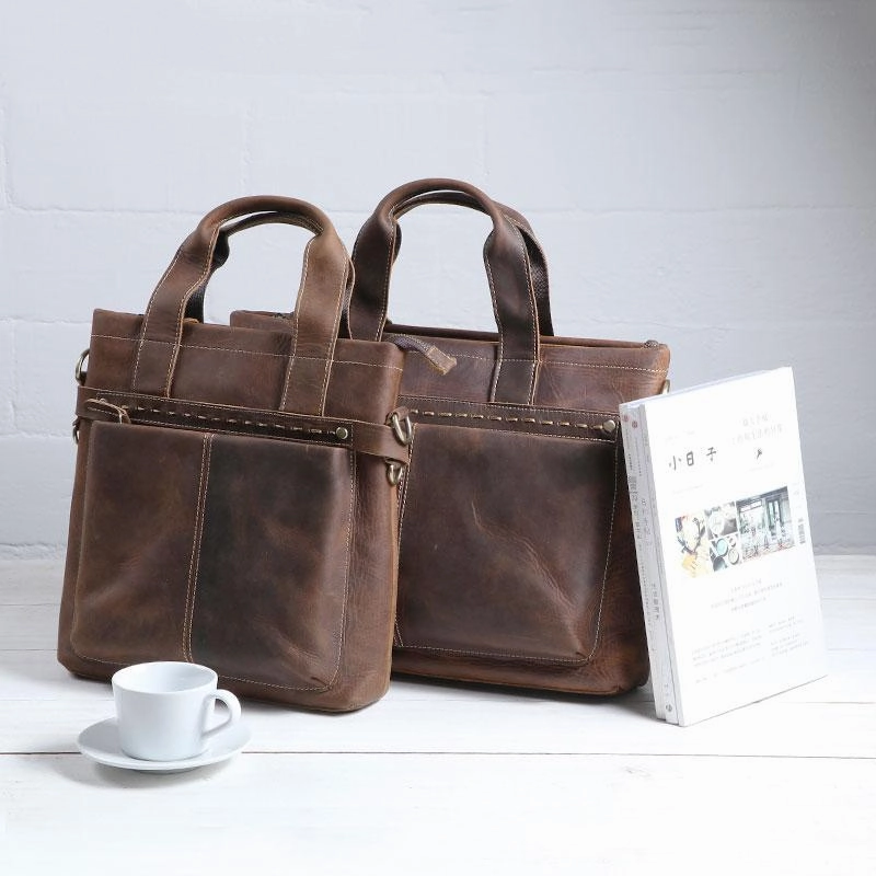 Cool Coffee Leather Mens Briefcases Work Bag Laptop Bag Business Bag for Men