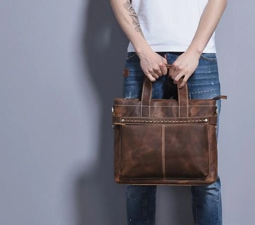 Cool Coffee Leather Mens Briefcases Work Bag Laptop Bag Business Bag for Men