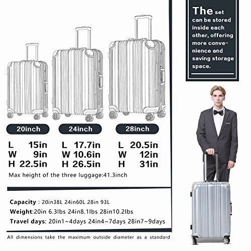 Coolife Luggage Aluminium Frame Suitcase with TSA Lock 100% PC (20in)