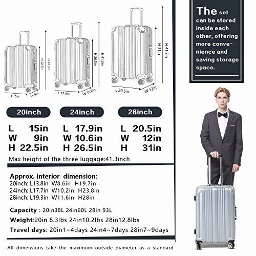 Coolife Luggage Aluminium Frame Suitcase with TSA Lock 100% PC (20in)