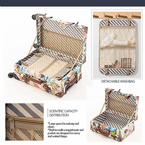 COTRUNKAGE Small 20" Vintage Luggage Set 2 Pieces Carry On Suitcase for Womens, Stamp (13" & 20")