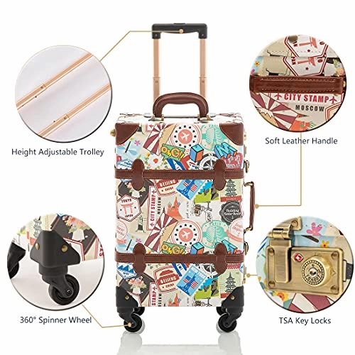 COTRUNKAGE Small 20" Vintage Luggage Set 2 Pieces Carry On Suitcase for Womens, Stamp (13" & 20")