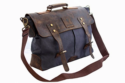 Devil Hunter Genuine Leather Vintage 18" Laptop Canvas Messenger Satchel Briefcase Bag Grey