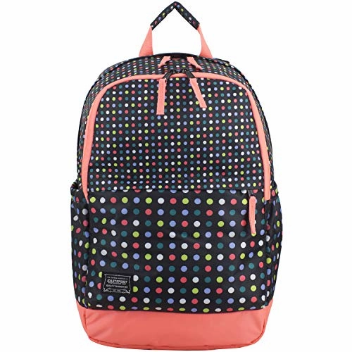 Eastsport Everyday Classic Backpack with Interior Tech Sleeve, Black/Peach Luster/Multi Color Dots