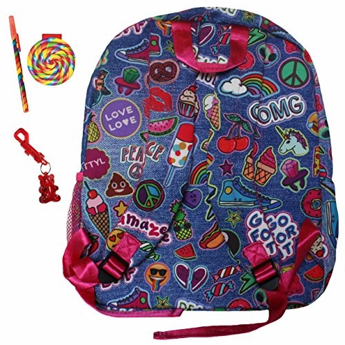 Emoji Denim Patch Large Backpack, Notepad/Pen & Keychain Multi-Pack, Book Bag
