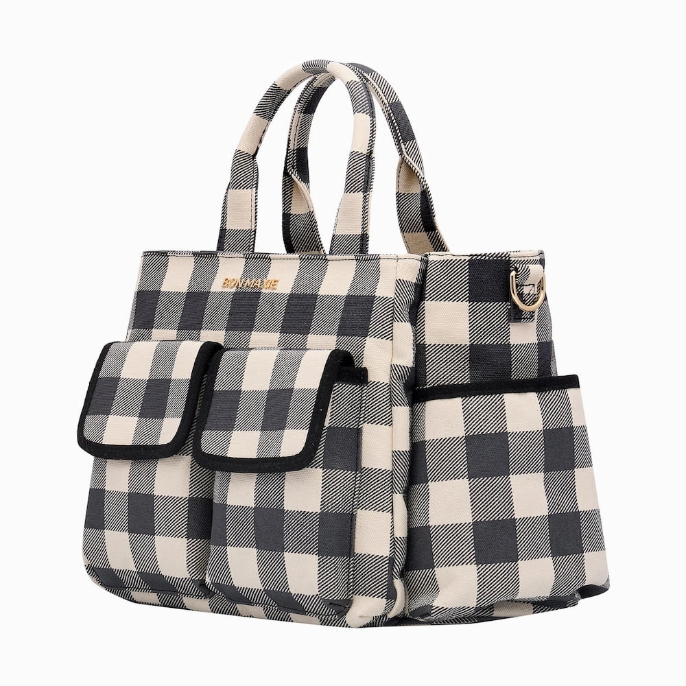 Everyday Multi-Pocket Tote Bag -- Black Gingham