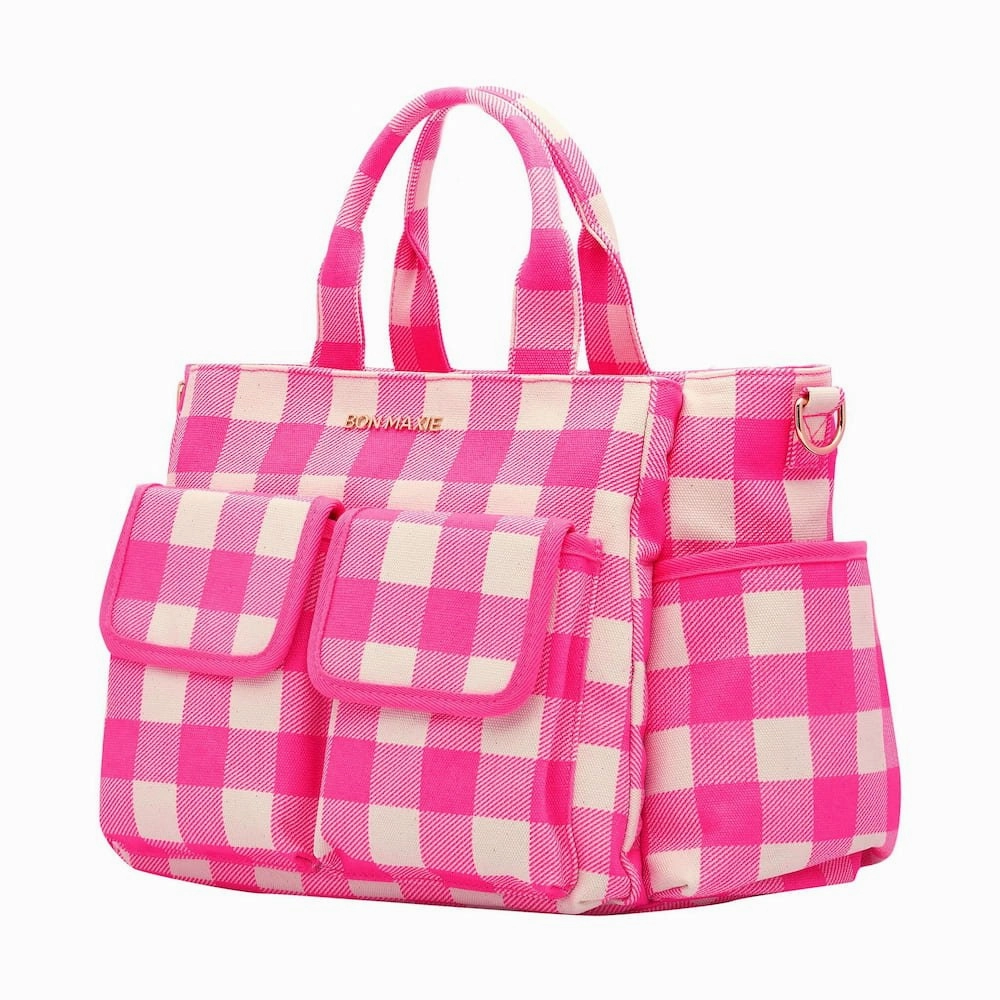 Everyday Multi-Pocket Tote Bag -- Neon Pink Gingham