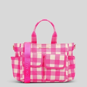 Everyday Multi-Pocket Tote Bag -- Neon Pink Gingham
