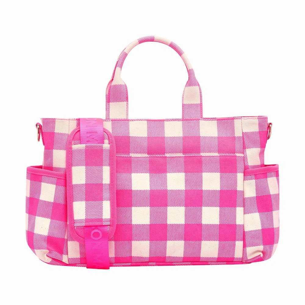 Everyday Multi-Pocket Tote Bag -- Neon Pink Gingham