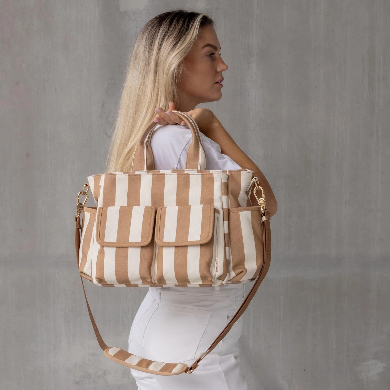 Everyday Multi-Pocket Tote Bag -- Tan Stripe