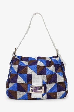 Fendi Blue/Silver Embroidery Patchwork FF Purple Stone Buckle Baguette Bag