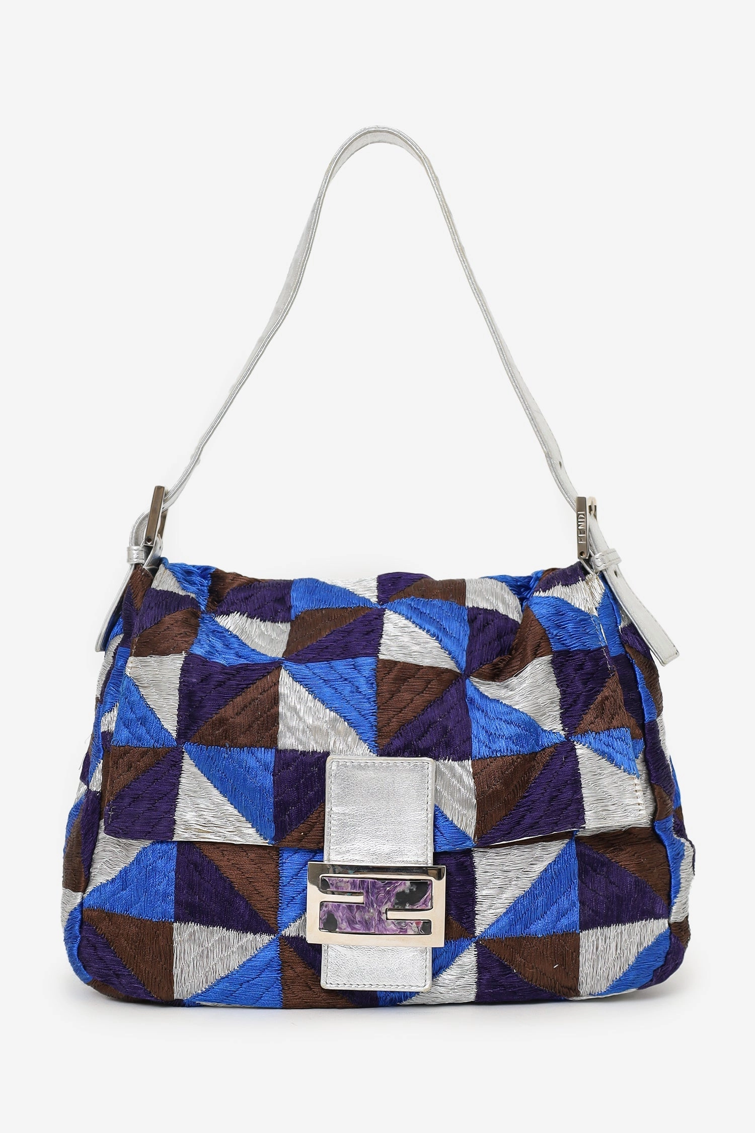Fendi Blue/Silver Embroidery Patchwork FF Purple Stone Buckle Baguette Bag