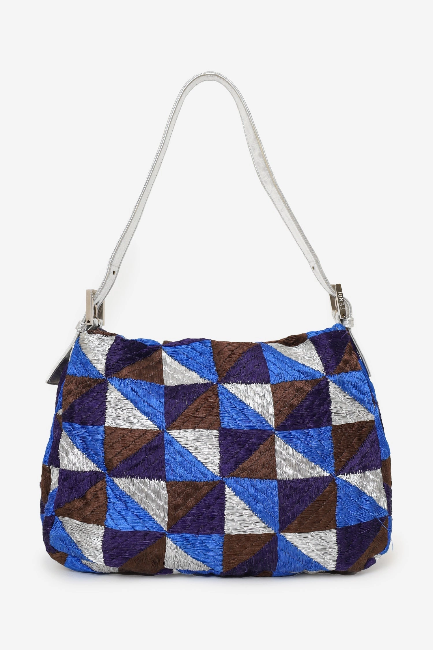 Fendi Blue/Silver Embroidery Patchwork FF Purple Stone Buckle Baguette Bag