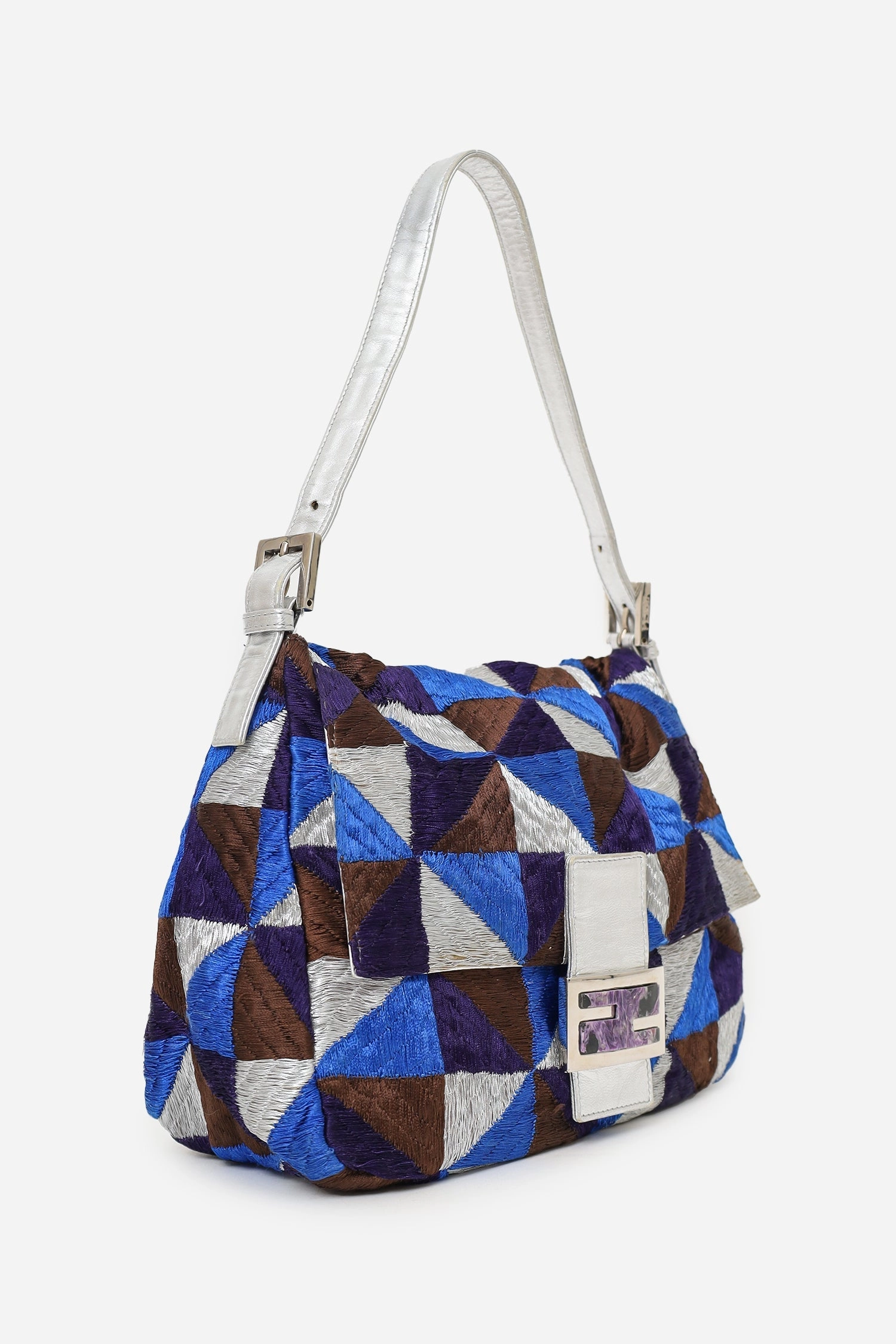 Fendi Blue/Silver Embroidery Patchwork FF Purple Stone Buckle Baguette Bag