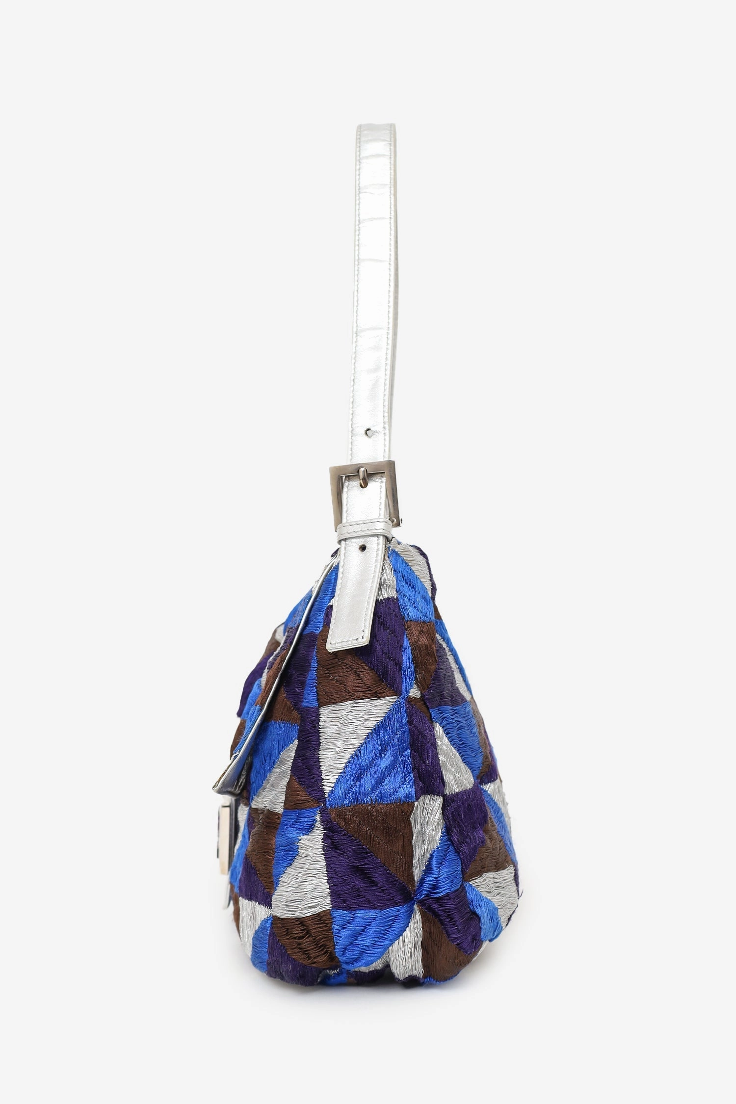 Fendi Blue/Silver Embroidery Patchwork FF Purple Stone Buckle Baguette Bag