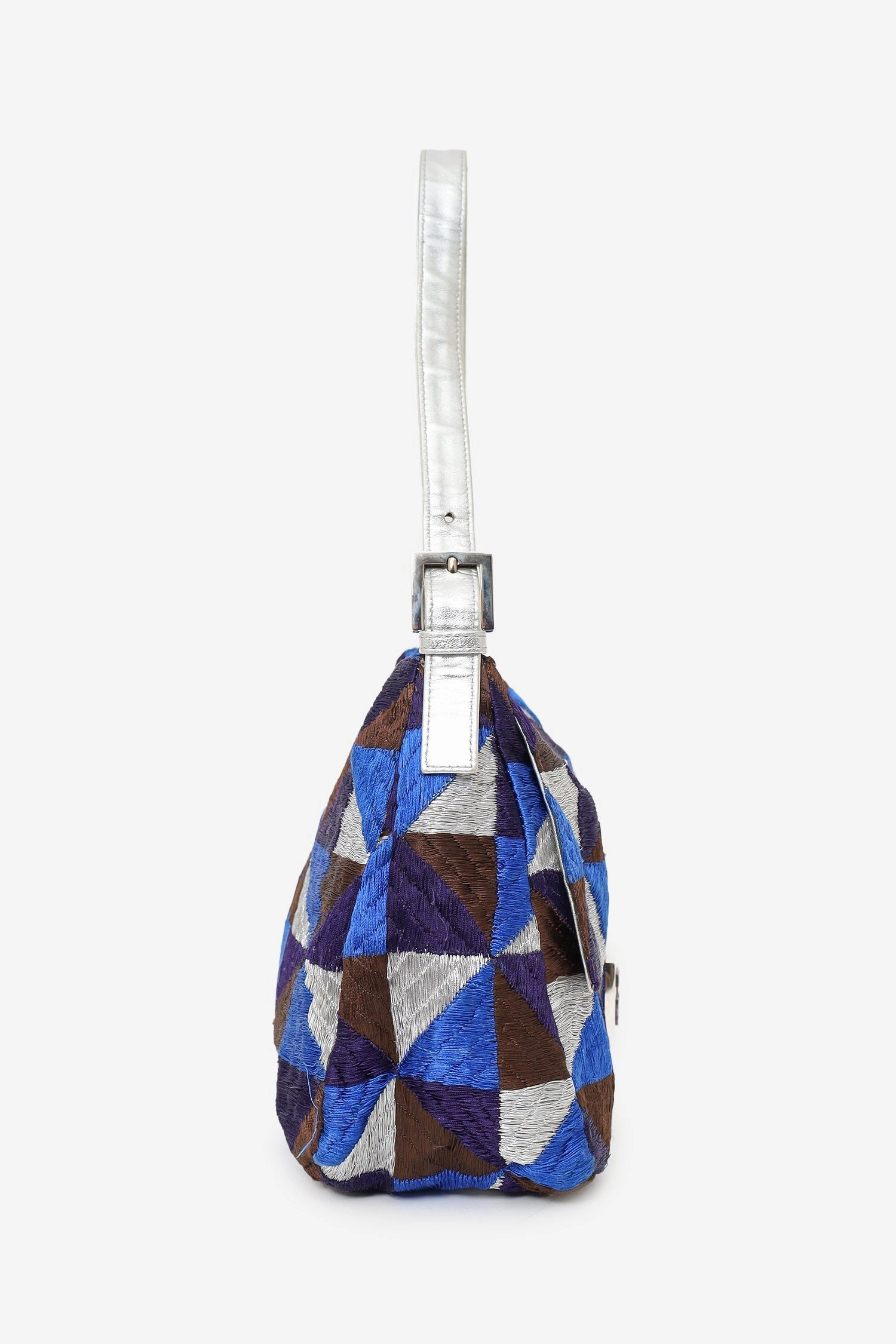 Fendi Blue/Silver Embroidery Patchwork FF Purple Stone Buckle Baguette Bag