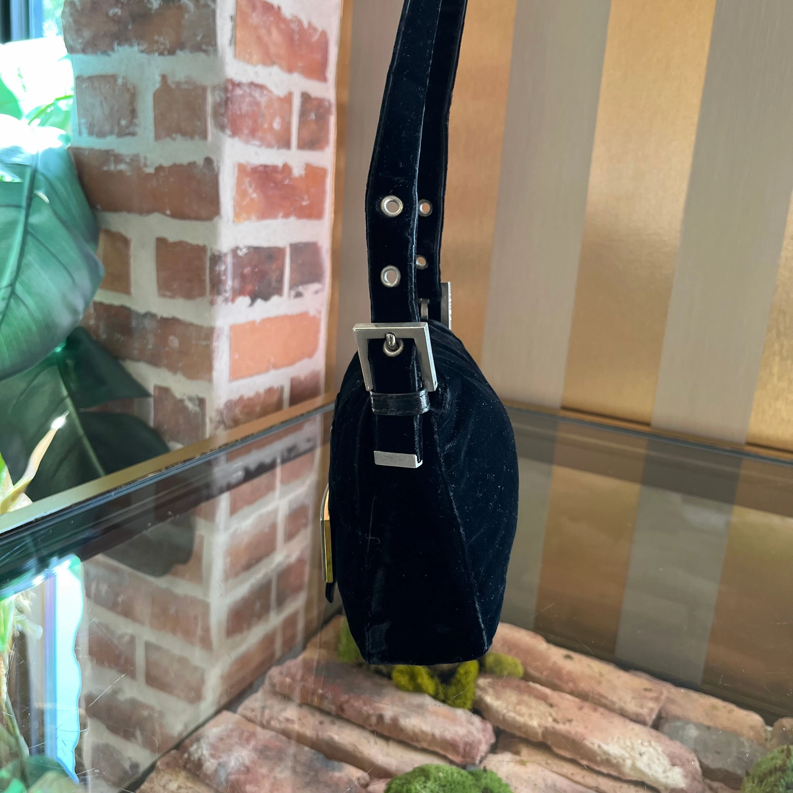 FENDI Mini Black Velvet Baguette Shoulder Bag