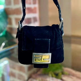 FENDI Mini Black Velvet Baguette Shoulder Bag