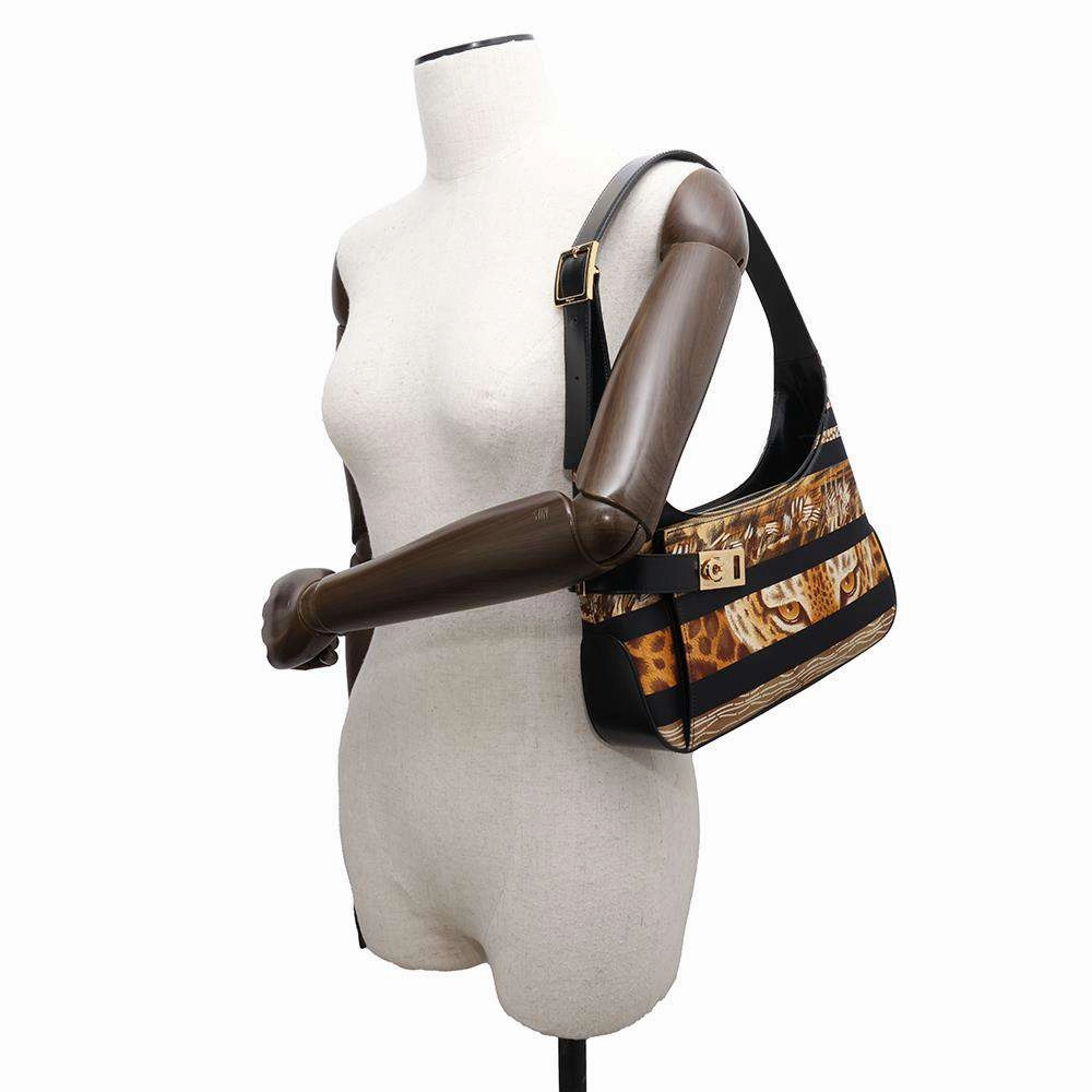 Ferragamo Leopard One Shoulder Bag Black/Brown Satin Leather