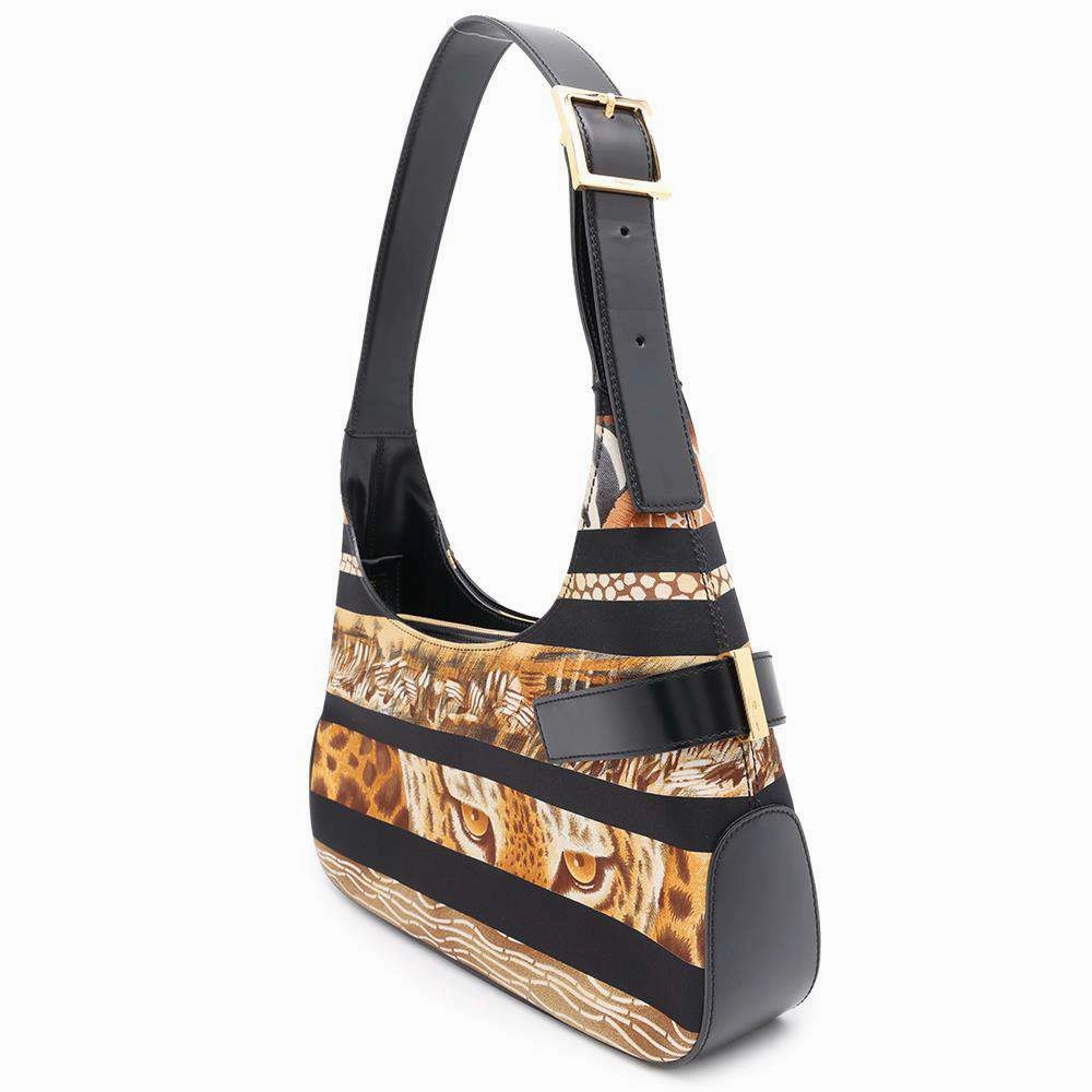 Ferragamo Leopard One Shoulder Bag Black/Brown Satin Leather