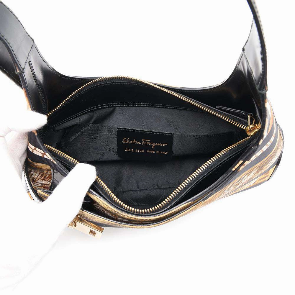 Ferragamo Leopard One Shoulder Bag Black/Brown Satin Leather