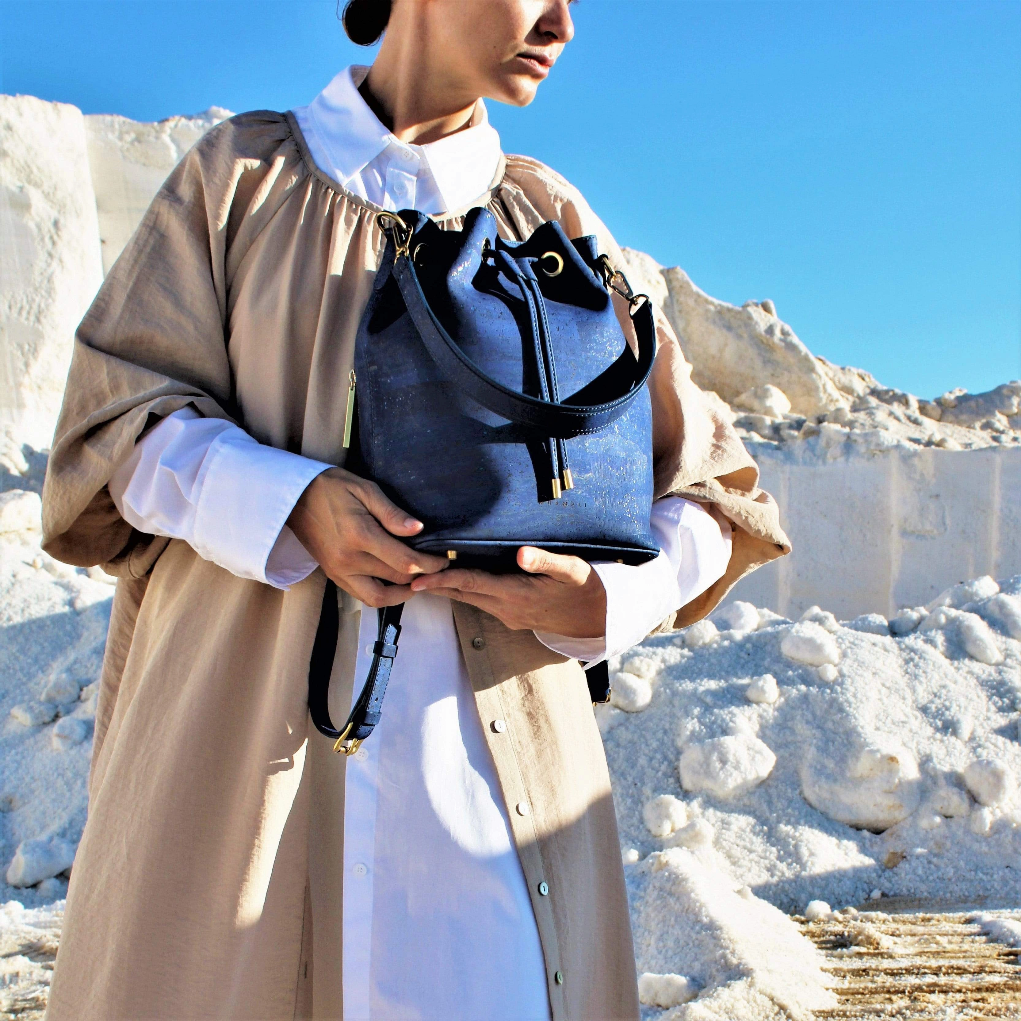 Gamma Handcrafted Cork Vegan Bucket Backpack | Navy