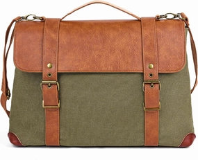 Green Messenger Shoulder Bag, Leather & Canvas Laptop Bag, Crossbody Briefcase, Computer Bags for Laptops