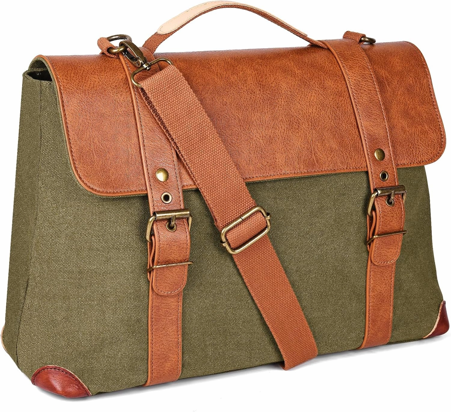 Green Messenger Shoulder Bag, Leather & Canvas Laptop Bag, Crossbody Briefcase, Computer Bags for Laptops