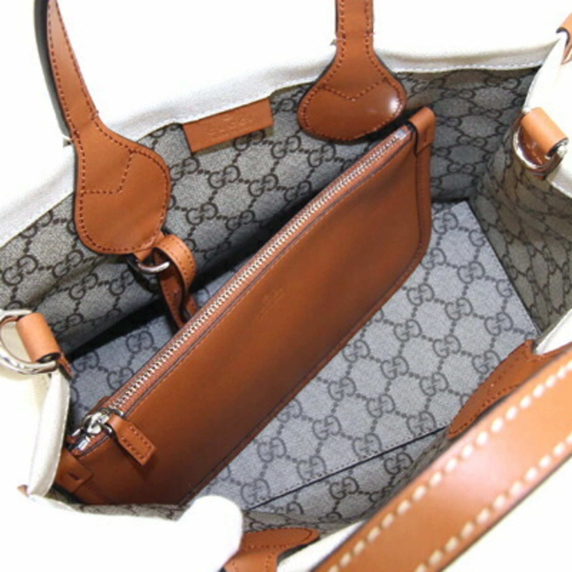 Gucci    Cotton Canvas Leather Handbag Shoulder Bag Tote Bag (Pre-Owned)