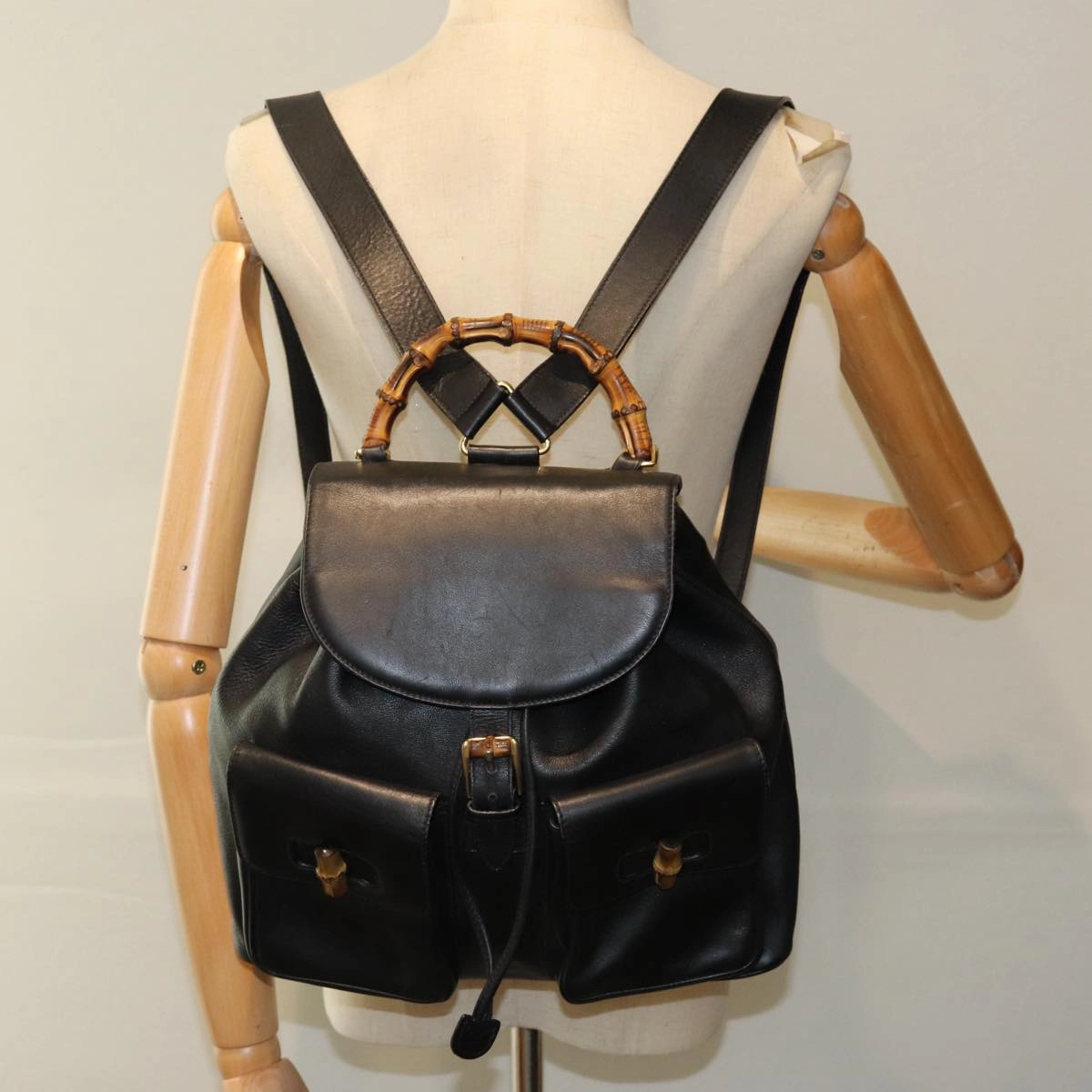 GUCCI Bamboo Backpack Leather Black  am6663