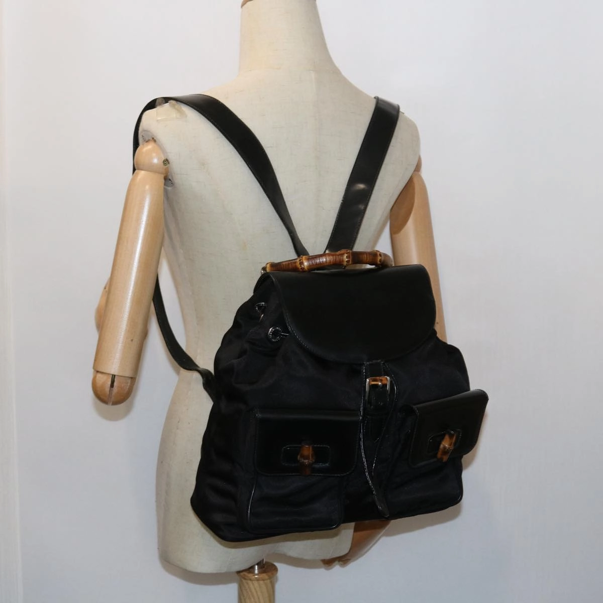 GUCCI Bamboo Backpack Nylon Enamel Black 003 2058 0016 5  56067
